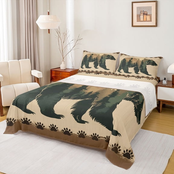 jejeloiu Jungle Bear Silhouette Full Size Sheets,Wild Animal Paws Bed Sheets,Green Beige Sheet Sets For Men Women,Microfiber Bedroom Decor,4pcs