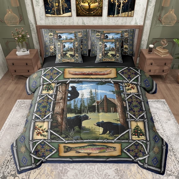 jejeloiu Jungle Black Bear 7pcs Bedding Comforter Set,Western Farmhouse Cabin Queen Bedding Sets,Boho Tribal Aztec Geometric Queen Sheet Sets For Kids,Super Cozy Room Decor Reversible