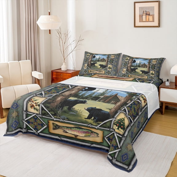 jejeloiu Jungle Black Bear Bed Sheets,Western Farmhouse Cabin King Sheets,Boho Tribal Aztec Geometric Sheet Set For Kids,Super Cozy Room Decor,4pcs