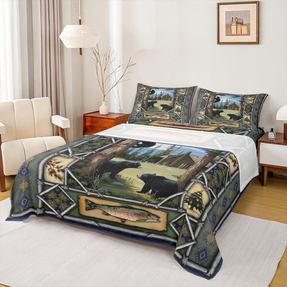 jejeloiu Jungle Black Bear Queen Sheet Sets,Western Farmhouse Cabin Flat Sheet,Boho Tribal Aztec Geometric Queen Fitted Sheet For Kids,Super Cozy Room Decor,4 Pieces