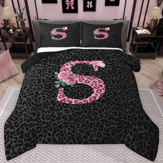 jejeloiu Jungle Cheetah Leopard Queen Comforter Set,Pink Letter S Bedding Comforter Set For Girls Women Reversible 3pcs