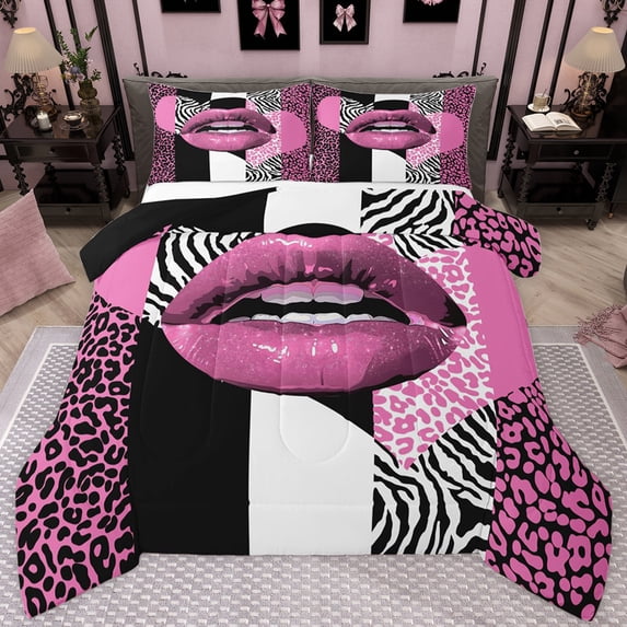 jejeloiu Jungle Cheetah Pattern Queen Comforter Set,Black Pink White Bedding Comforter Set For Teens Reversible 3pcs