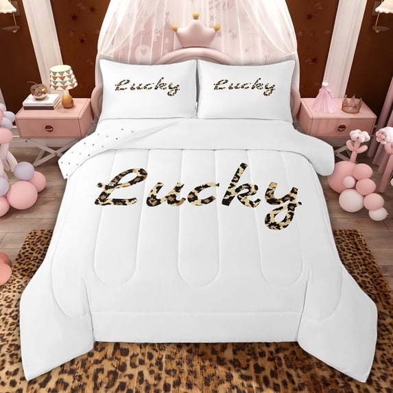jejeloiu Jungle Cheetah Pattern Queen Comforter Set,Lucky Letter Print Bedding Comforter Set For Men Women Reversible 3pcs