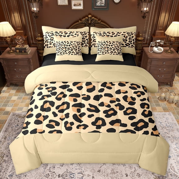 jejeloiu Jungle Cheetah Print 7pcs Bedding Comforter Set,Leopard Animal Texture Queen Bedding Sets,Brown Black Queen Sheet Sets For Teens,Super Cozy Room Decor Reversible