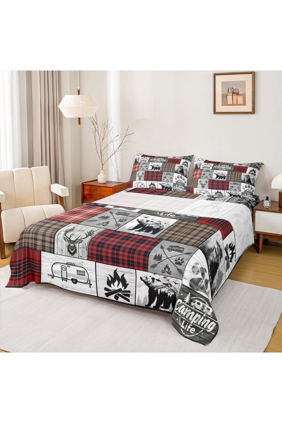 Jungle Deer Bear Full Size Sheets,Camping Life Bed Sheets,Patchwork Geometric Plaid Sheet Sets For Men Women,Breathable Home Decor,4pcs