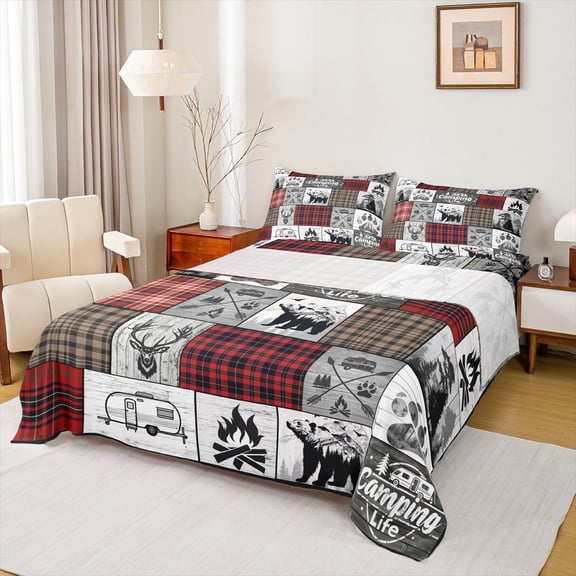 jejeloiu Jungle Deer Bear Queen Sheet Sets,Camping Life Flat Sheet,Patchwork Geometric Plaid Queen Fitted Sheet For Men Women,Breathable Home Decor,4-Piece