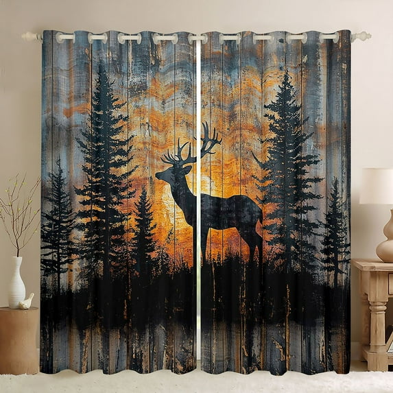 jejeloiu Jungle Deer Elk Blackout Curtains Set of 2 (52x84 Each),Pine Tree Window Curtains,Black Orange Curtains and Drapes For Men Women,Microfiber Bedroom Decor