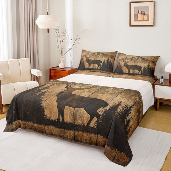 jejeloiu Jungle Deer Elk Twin Sheet Set (3-Piece) Mountain Pine Tree Brown Black Microfiber Decor For Men Women