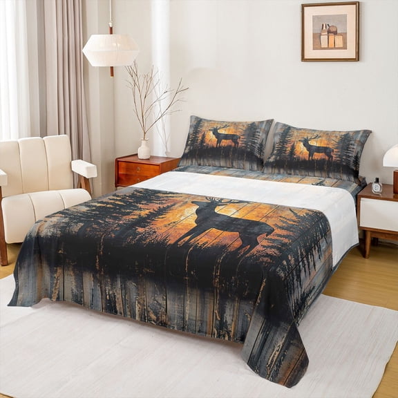 jejeloiu Jungle Deer Elk Twin Sheet Sets,Pine Tree Twin Fitted Sheet,Black Orange Flat Sheet For Men Women,Microfiber Bedroom Decor,3-Piece
