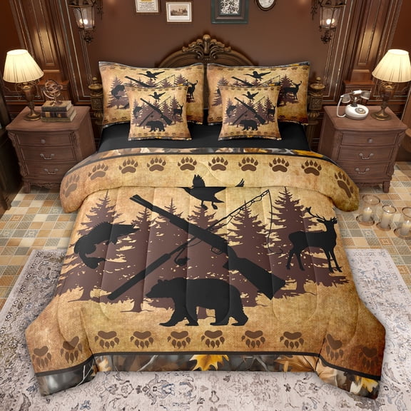 jejeloiu Jungle Deer Fish 7-Piece Twin Bedding Sets,Fishing And Hunting Bedding Comforter Set For Girls Boys Reversible