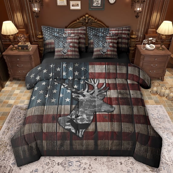 jejeloiu Jungle Deer Silhouette 7 Pieces Bedding Comforter Set,American Flag Pattern Full Bedding Set,Gray Red Brown 03 For Boys Reversible