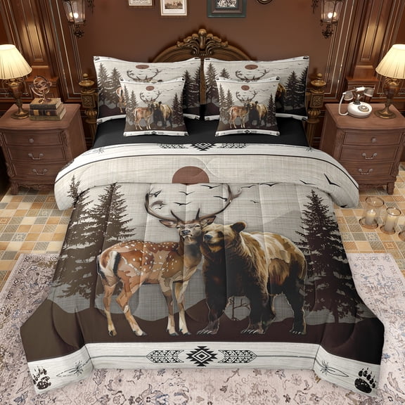 jejeloiu Jungle Ear Bear 7pcs Bedding Comforter Set,Natural Scenery Queen Bedding Sets,Retro Aztec Geometric Queen Sheet Sets For Adults,Microfiber Bedroom Decor Reversible