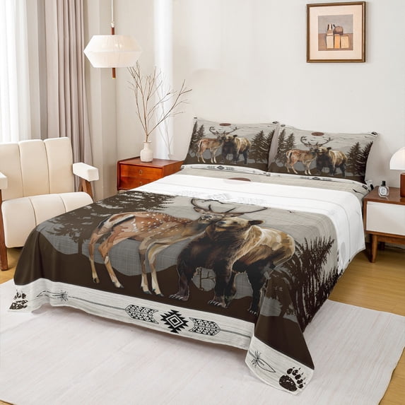 jejeloiu Jungle Ear Bear Bed Sheets,Natural Scenery King Sheets,Retro Aztec Geometric Sheet Set For Adults,Microfiber Bedroom Decor,4-Piece