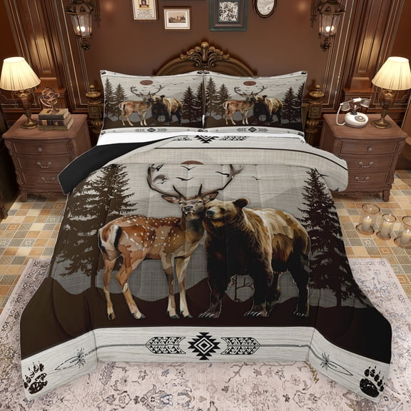 jejeloiu Jungle Ear Bear Queen Comforter Set,Natural Scenery Bedding Sets,Retro Aztec Geometric Bedding Comforter Set For Adults,Microfiber Bedroom Decor Reversible,3pcs
