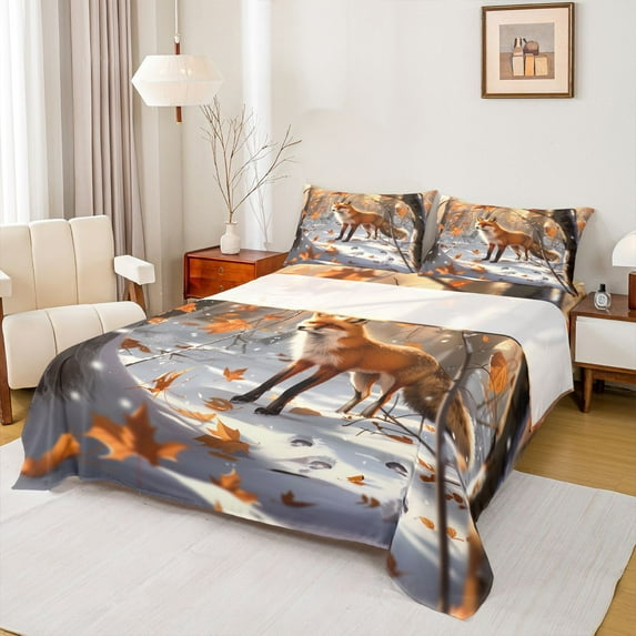 jejeloiu Jungle Fox Animal Queen Sheet Sets,Autumn Fall Maples Bed Set For Men Women 4 Pieces