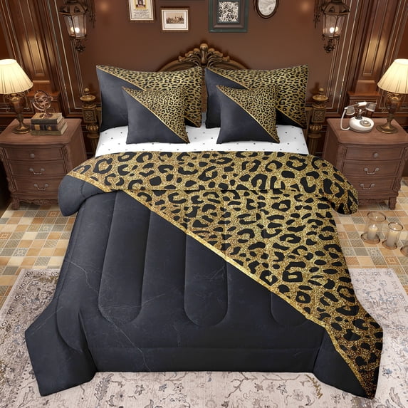 jejeloiu Jungle Leopard Cheetah 7-Piece Twin Bedding Sets,Gold Sequin Print Bedding Comforter Set,Modern Minimalsit Aesthetic Sheet Sets For Girls Teens,Breathable Home Decor Reversible