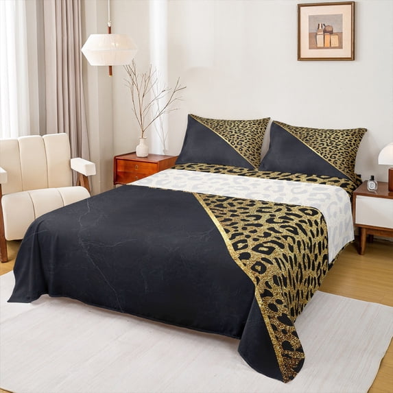 jejeloiu Jungle Leopard Cheetah Bed Sheets,Gold Sequin Print King Sheets,Modern Minimalsit Aesthetic Sheet Set For Girls Teens,Breathable Home Decor,4pcs
