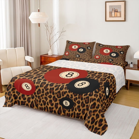 jejeloiu Jungle Leopard Print Twin Sheet Sets,Billiard Game Red Black Bedding For Men Women 3 Pieces