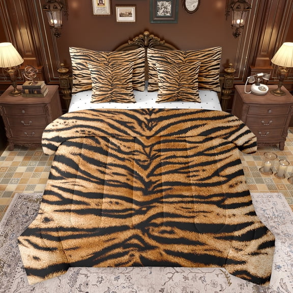 jejeloiu Jungle Tiger Striped 7-Piece Twin Bedding Sets,Rustic Wildlife Hunting Bedding Comforter Set,Brown Black Sheet Sets For Adult,Microfiber Bedroom Decor Reversible