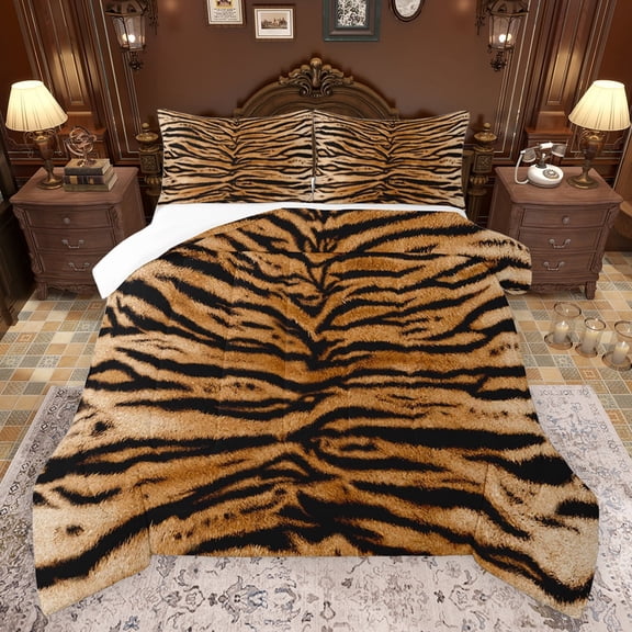 jejeloiu Jungle Tiger Striped Queen Comforter Set,Rustic Wildlife Hunting Bedding Sets,Brown Black Bedding Comforter Set For Adult,Microfiber Bedroom Decor,3pcs