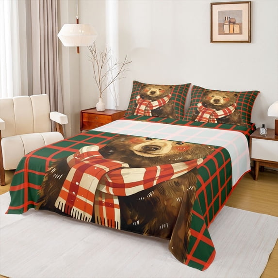 jejeloiu Jungle Wildlife Bear Bed Sheets,Merry Xmas King Sheets,Green Red Checkered Sheet Set For Teens,Breathable Home Decor,4 Pieces