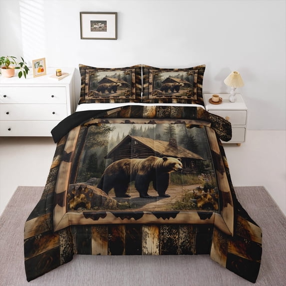 jejeloiu Jungle Wildlife Bear Bedding Comforter Set,Old Barn Door Twin Comforter Sets,Rustic Farmhouse Cabin Bedding Set For Boys Kids,Ultra Soft Home Decor Reversible,2-Piece