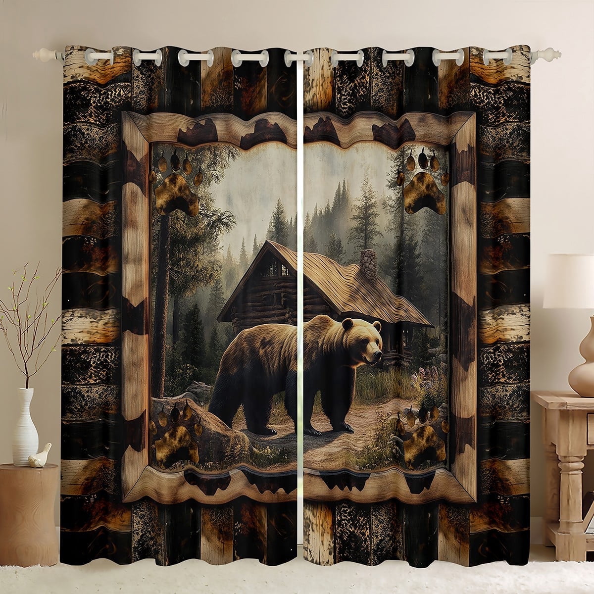 jejeloiu Jungle Wildlife Bear Blackout Curtains Set of 2 (52x84 Each),Old Barn Door Window Curtains,Rustic Farmhouse Cabin Curtains and Drapes For Boys Kids,Ultra Soft Home Decor