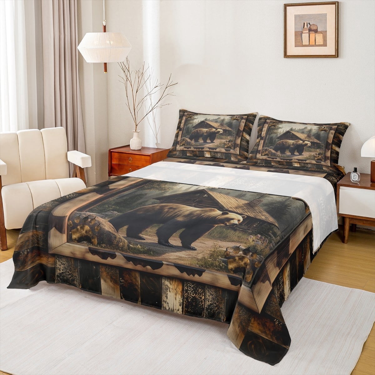 Rustic Sheet jejeloiu Jungle Wildlife Bear Queen Sheet Sets,Old Barn Door Flat Sheet ...