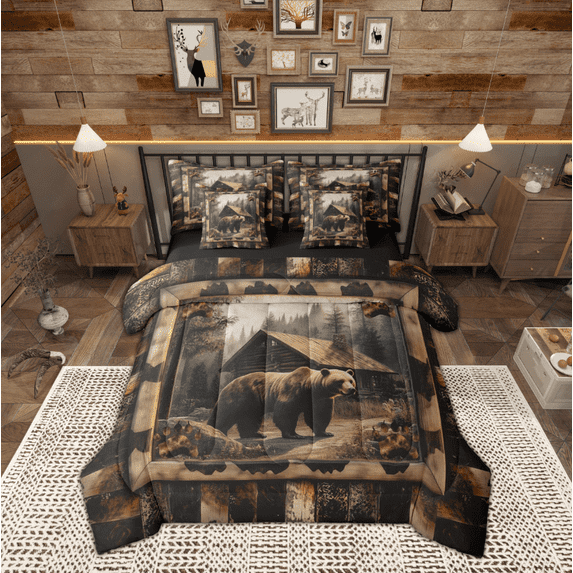 jejeloiu Jungle Wildlife Bear Twin Bedding Sets 7-Piece,Old Barn Door Bedding Comforter Set,Rustic Farmhouse Cabin Sheet Sets For Boys Kids,Ultra Soft Home Decor Reversible