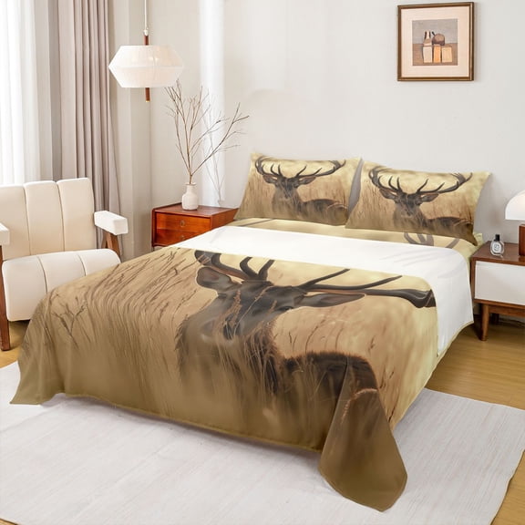 jejeloiu Jungle Wildlife Deer Bed Sheets,Brown Moose King Sheets For Kids 4-Piece