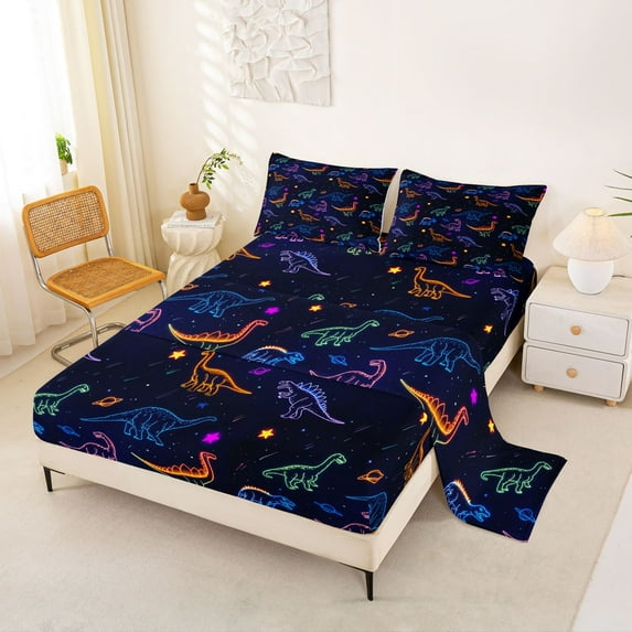 jejeloiu Jungle Wildlife Dinosaur Bed Sheets,Colorful Kawaii Dino King Sheets For Boys Men 4pcs