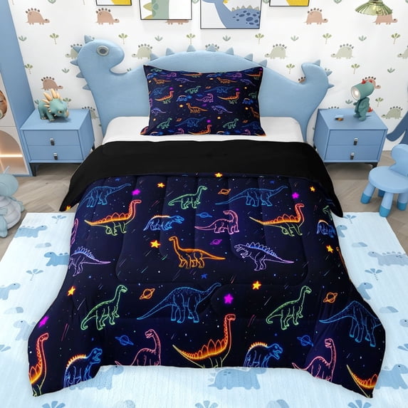 jejeloiu Jungle Wildlife Dinosaur Twin Comforter Sets,Colorful Kawaii Dino Bedding Set For Boys Men Reversible 2pcs