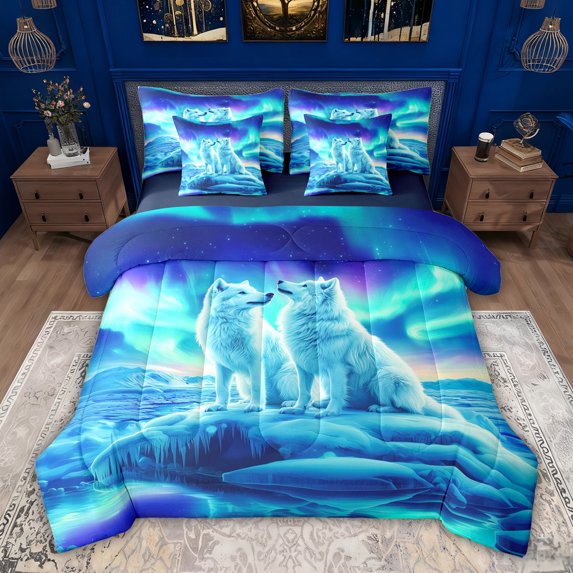 jejeloiu Jungle Wildlife Wolf 7-Piece Bedding Comforter Set,Watercolor Aurora King Bedding Sets For Boys Teens Reversible