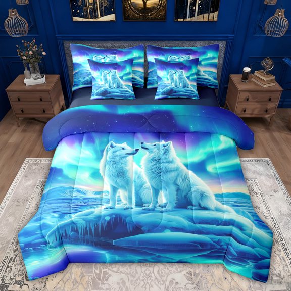jejeloiu Jungle Wildlife Wolf 7pcs Bedding Comforter Set,Watercolor Aurora Queen Bedding Sets For Boys Teens Reversible