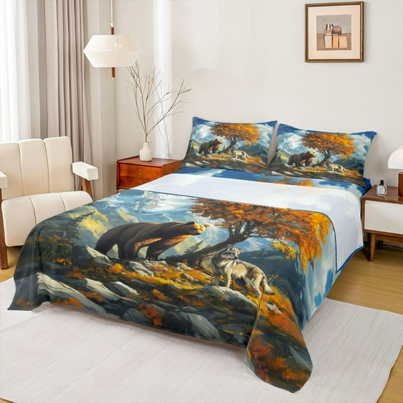jejeloiu Jungle Wolf Bear Bed Sheets,Natural Scenery Snow Mountain King Sheets,Autumn Fall Maples Sheet Set For Kids,Super Cozy Room Decor,4 Pieces