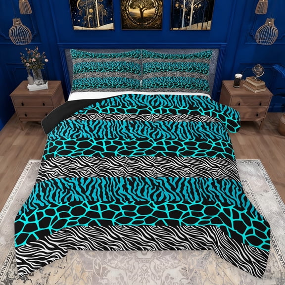jejeloiu Jungle Zebra Giraffe Bedding Comforter Set,Wildlife Animal Pattern Twin Comforter Sets,Blue Gray Line Stripe Bedding Set For Teens,Super Cozy Room Decor Reversible,2pcs