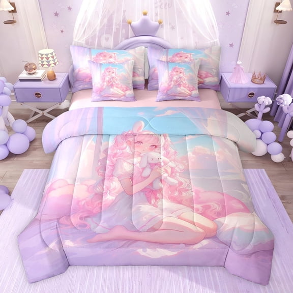 jejeloiu Kawaii Anime Girls 7-Piece Twin Bedding Sets,Cartoon Princess Bedding Comforter Set For Kids Reversible