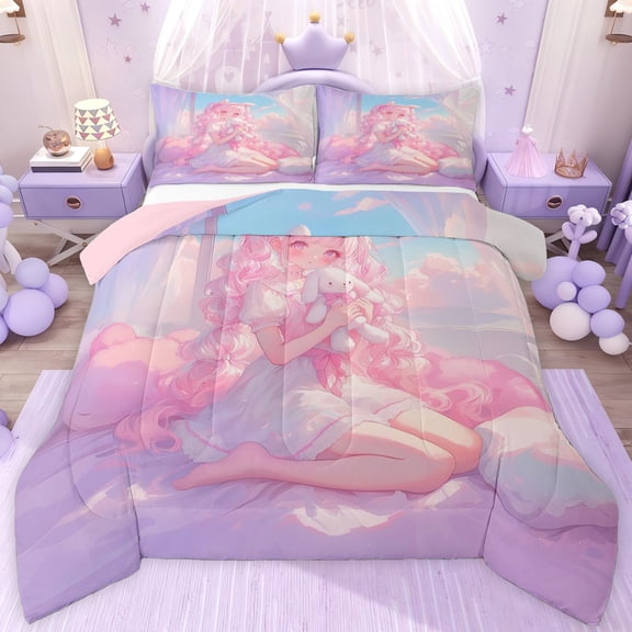 jejeloiu Kawaii Anime Girls Queen Comforter Set,Cartoon Princess Bedding Comforter Set For Kids Reversible 3 Pieces