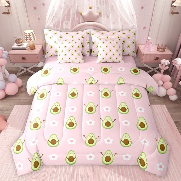 jejeloiu Kawaii Avocado Fruit 7-Piece Twin Bedding Sets,Cute Flower Daisy Bedding Comforter Set For Girls Teens Reversible