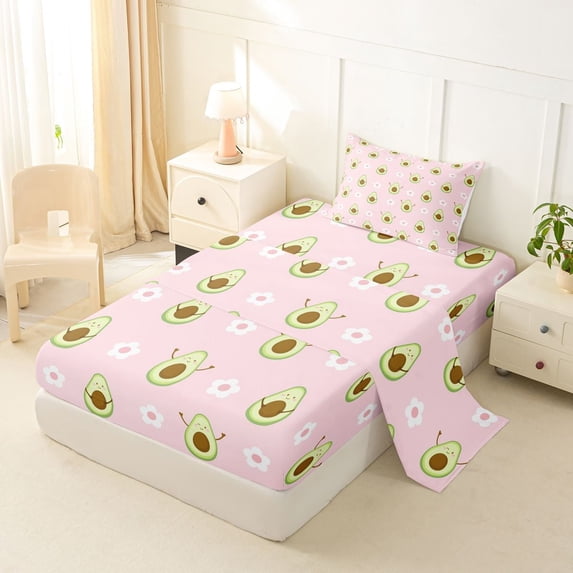 jejeloiu Kawaii Avocado Fruit Twin Sheet Sets,Cute Flower Daisy Bedding For Girls Teens 3 Pieces