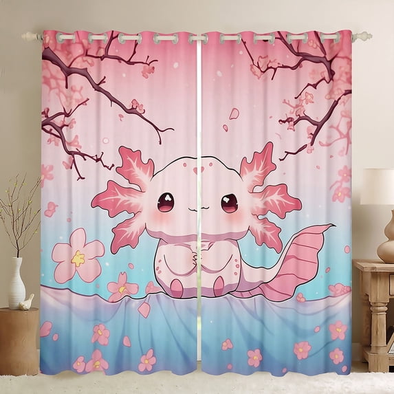jejeloiu Kawaii Axolotl Blackout Curtains Set of 2 (52x84 Each),Magical Ocean Animal Window Curtains,Pink Cherry Blossom Curtains and Drapes,Lightweight Room Decor