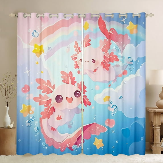 jejeloiu Kawaii Axolotl Blackout Curtains Set of 2 (52x84 Each),Magical Ocean Animal Window Curtains,Yellow Pink Stars Curtains and Drapes,Lightweight Room Decor