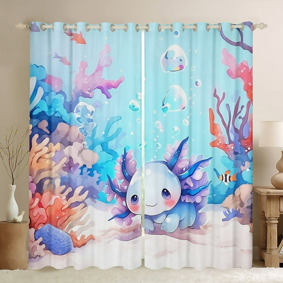 jejeloiu Kawaii Axolotl Blackout Curtains Set of 2 (52x84 Each),Ocean Sealife Window Curtains,Watercolor Ink Coral Curtains and Drapes,Microfiber Room Decoration