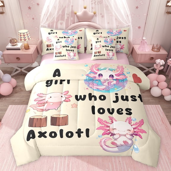 jejeloiu Kawaii Axolotl Lovers 7 Pieces Bedding Comforter Set,Ocean Cartoon Animal Full Bedding Set,Pink Black Beige Fitted Sheet Flat Sheet For Girls,Super Cozy Room Decor Reversible