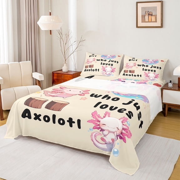 jejeloiu Kawaii Axolotl Lovers Bed Sheets,Ocean Cartoon Animal King Sheets,Pink Black Beige Sheet Set For Girls,Super Cozy Room Decor,4pcs
