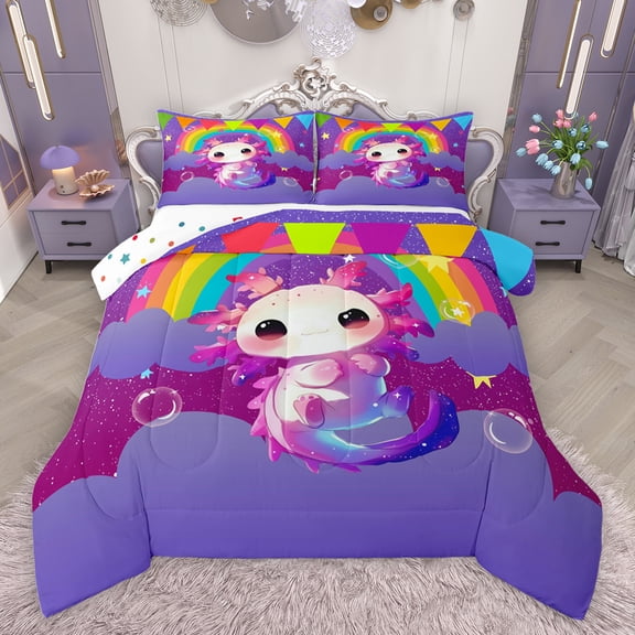 jejeloiu Kawaii Axolotl Queen Comforter Set,Cartoon Animal Bedding Sets,Cute Rainbow Print Bedding Comforter Set For Girls Teens,Breathable Home Decor Reversible,3 Pieces