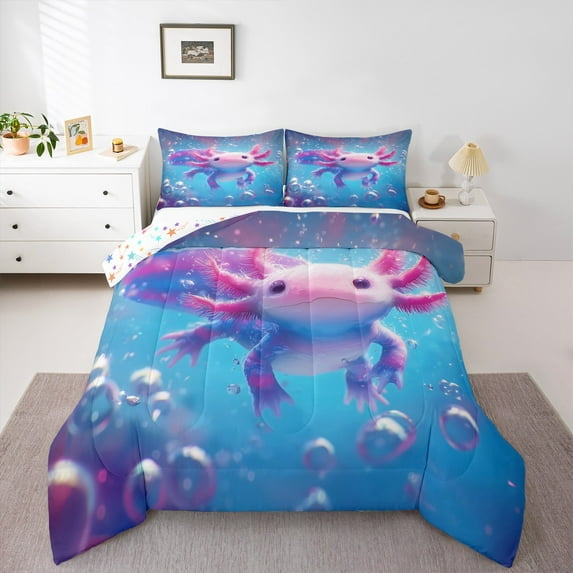 jejeloiu Kawaii Axolotl Queen Comforter Set,Ocean Sealife Bedding Sets,Hotpink Magic Animal Bedding Comforter Set,Microfiber Room Decoration Reversible,3pcs
