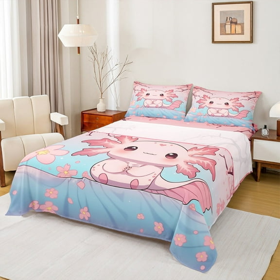 jejeloiu Kawaii Axolotl Queen Sheet Sets,Magical Ocean Animal Flat Sheet,Pink Cherry Blossom Queen Fitted Sheet,Lightweight Room Decor,4-Piece