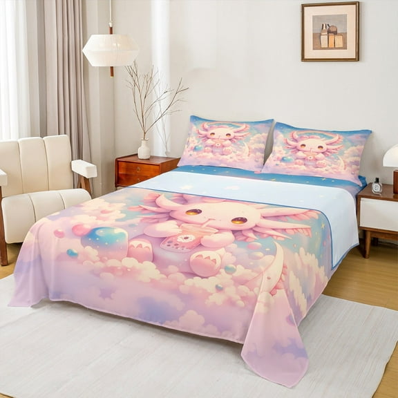 jejeloiu Kawaii Axolotl Twin Sheet Sets,Ocean Sealife Twin Fitted Sheet,Pink Cartoon Salamander Flat Sheet,Microfiber Room Decoration,3-Piece