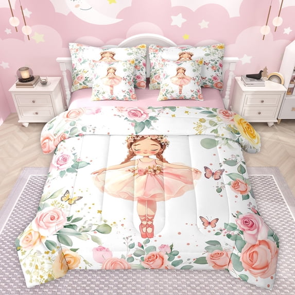 jejeloiu Kawaii Ballet Dancer 7-Piece Twin Bedding Sets,Rustic Flower Floral Bedding Comforter Set,Romantic Pink Rose Sheet Sets For Girls Kids,Ultra Soft Home Decor Reversible